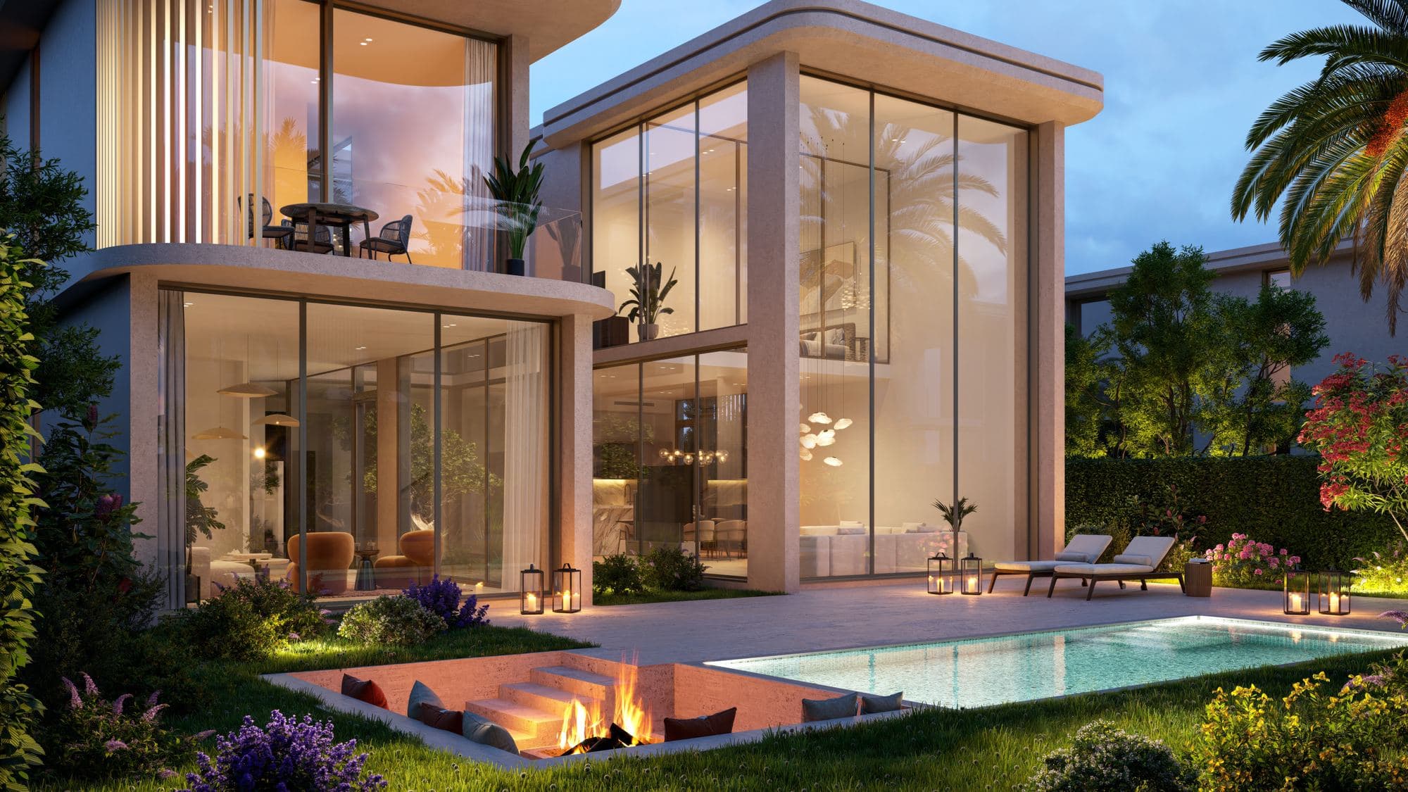 5-bed villa terrace at dusk